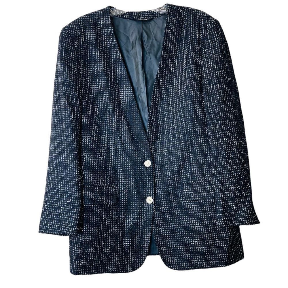 VTG BURBERRYS SPORTS SILK PLAID Navy Blue Blazer Sport Coat Jacket 38/40R - Picture 2 of 8